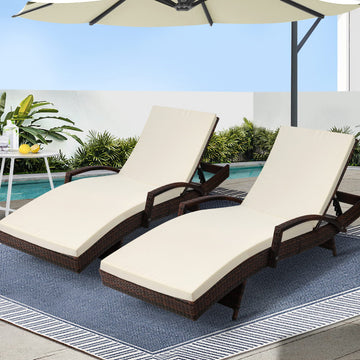 Gardeon Wicker Sun Lounge Recliner Set 2pc Brown