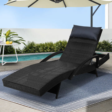 Gardeon Wicker Sun Lounge with Headrest Adjustable Black 190cm