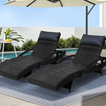 Gardeon Wicker Sun Lounger Set of 2 with Headrest Adjustable Black