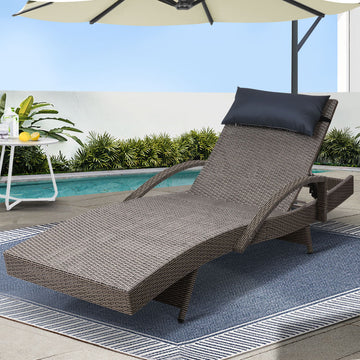 Gardeon Wicker Sun Lounge with All-Weather Pillow Adjustable Grey Beige