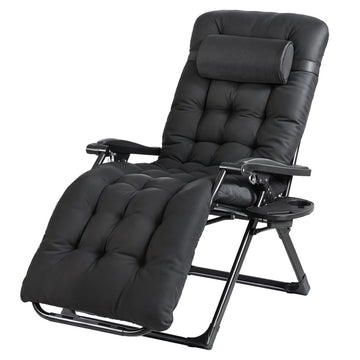 Gardeon Folding Sun Lounger Chair with Cup Holder Black Steel