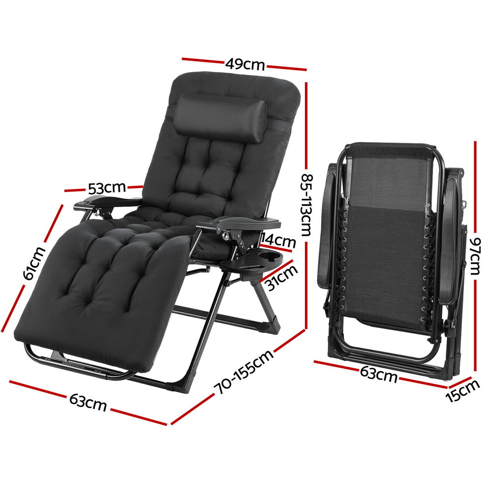 Gardeon Folding Sun Lounger Chair with Cup Holder Black Steel