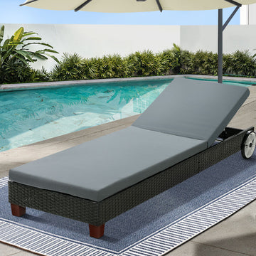 Gardeon Outdoor Wicker Sun Lounge Daybed with Wheels Black