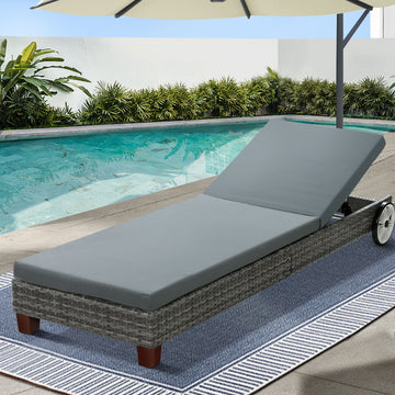 Gardeon Outdoor Wicker Sun Lounge Daybed with Wheels Grey