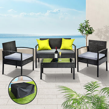 Gardeon Wicker Outdoor Sofa Set 4-Seater with Storage Cover Black