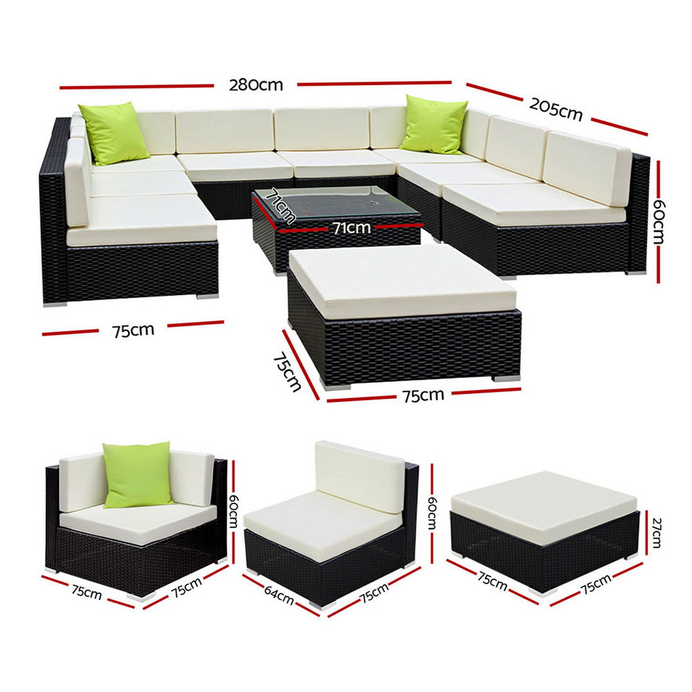 Gardeon Outdoor Wicker Sofa Set 10-Piece Black with Storage Cover