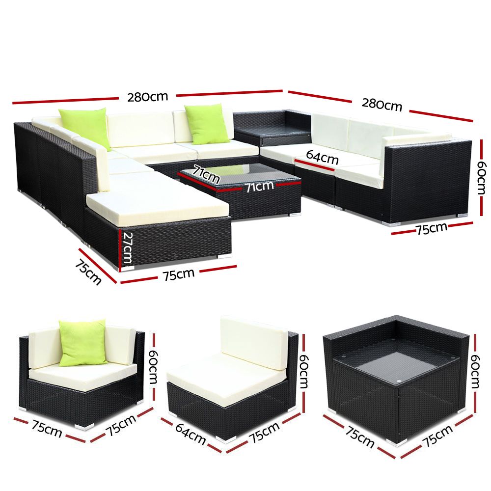 Gardeon Outdoor Wicker Sofa Set 11-Piece Black with Storage Cover