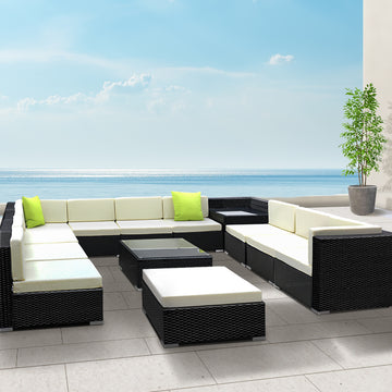 Gardeon 13 Piece Modular Outdoor Wicker Lounge Set with Aluminium Frame Black