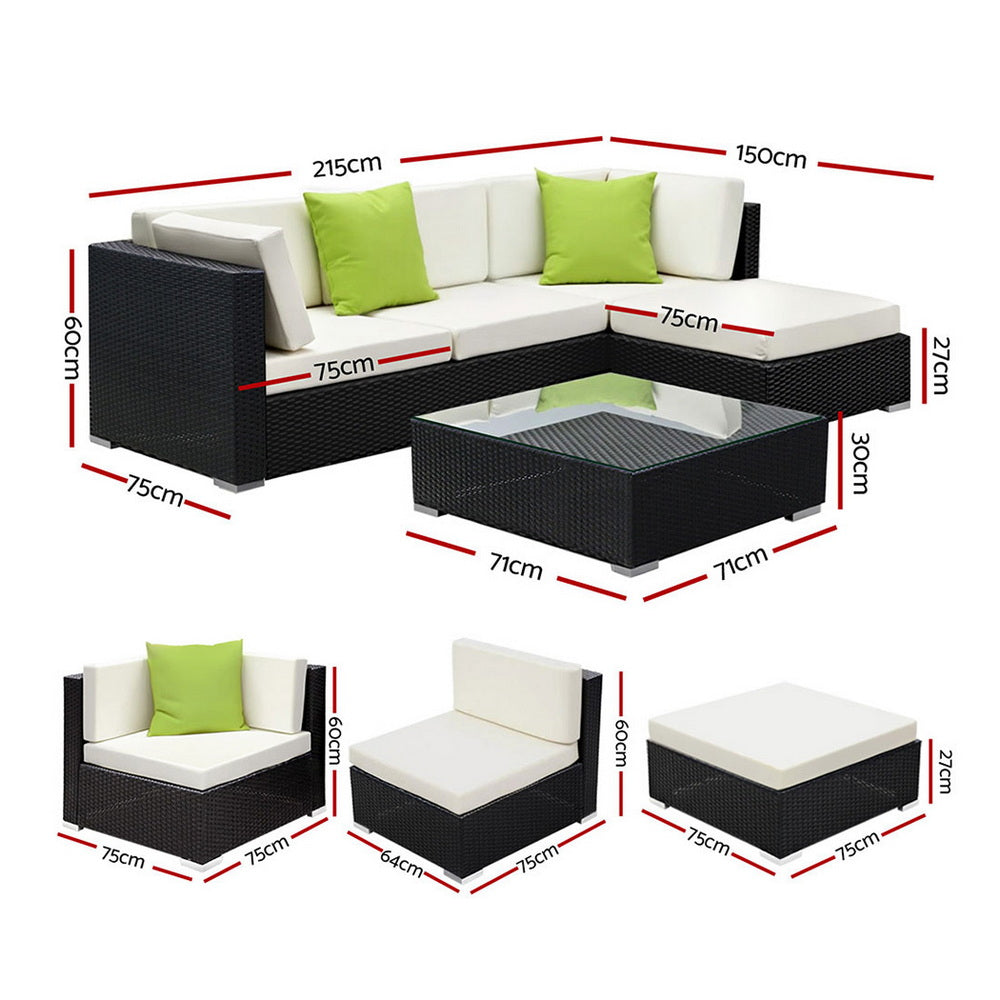 Gardeon Outdoor Wicker Sofa Set 5-Piece with Ottoman Black