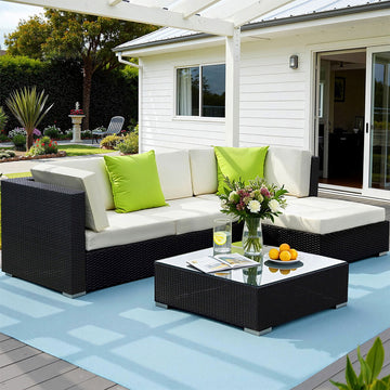 Gardeon Outdoor Wicker Sofa Set 5-Piece with Ottoman Black