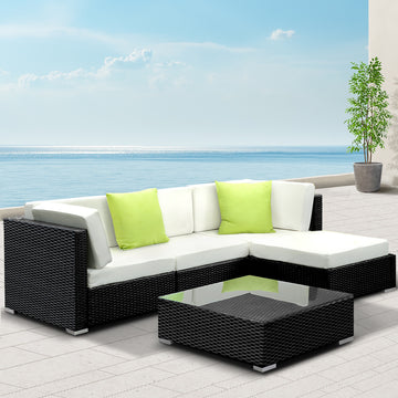 Gardeon 5-Piece Outdoor Wicker Sofa Set with Cushions Black