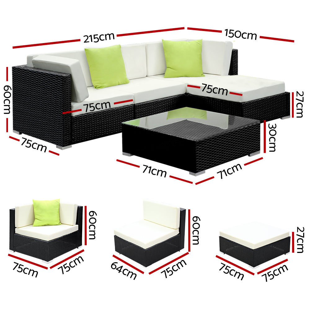 Gardeon 5-Piece Outdoor Wicker Sofa Set with Cushions Black