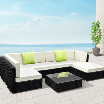 Gardeon 7-Piece Outdoor Wicker Sofa Set with Cushions Black