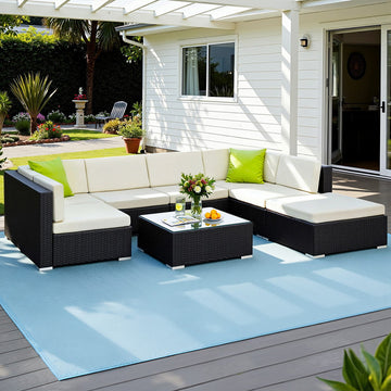 Gardeon Outdoor Wicker Sofa Set 8-Seater Black with Storage Cover
