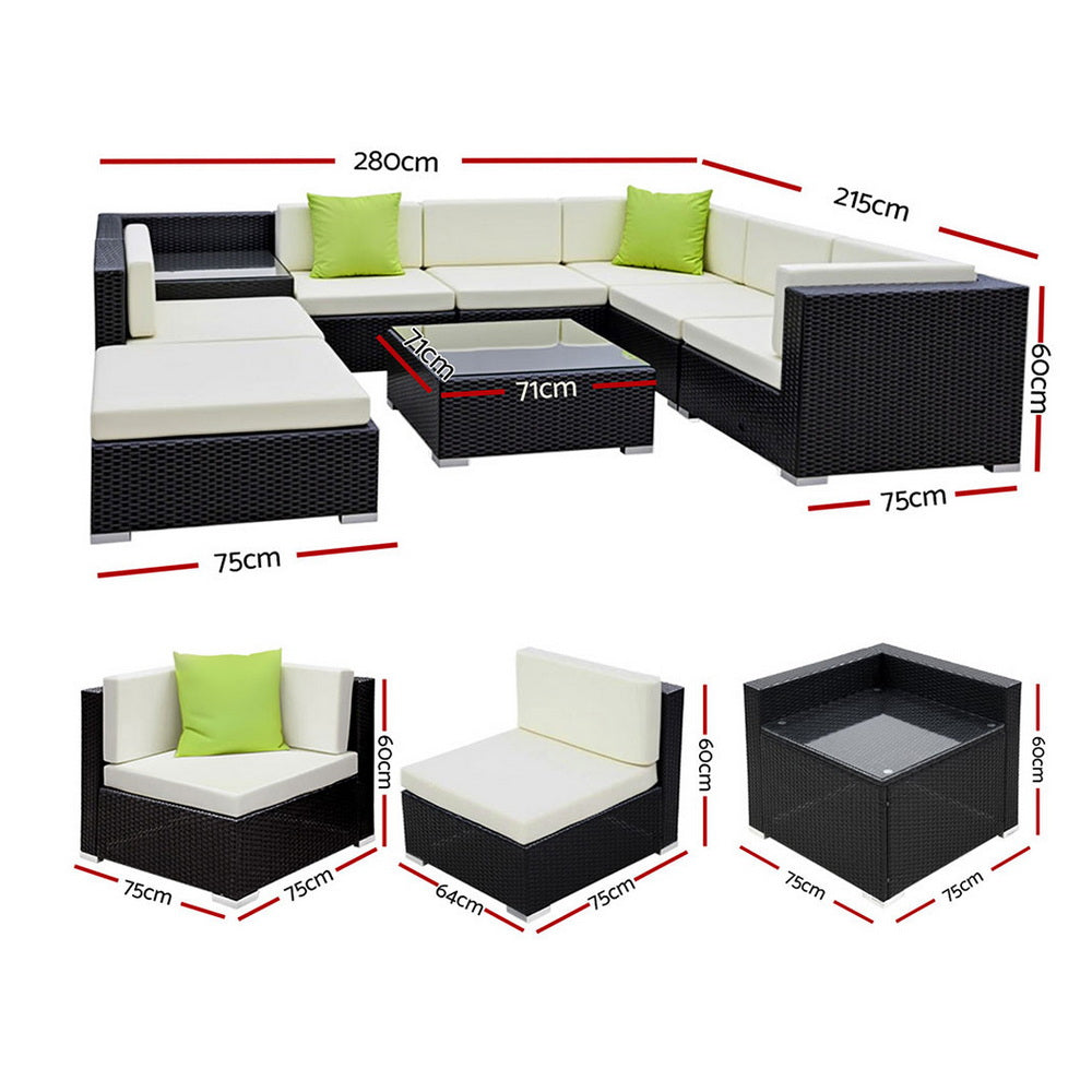 Gardeon Outdoor Wicker Sofa Set 9-Piece Black