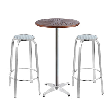 Gardeon Outdoor Bar Set 2 Stools Height Adjustable Wooden Table Silver