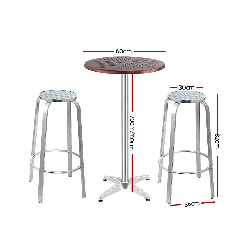 Gardeon Outdoor Bar Set 2 Stools Height Adjustable Wooden Table Silver