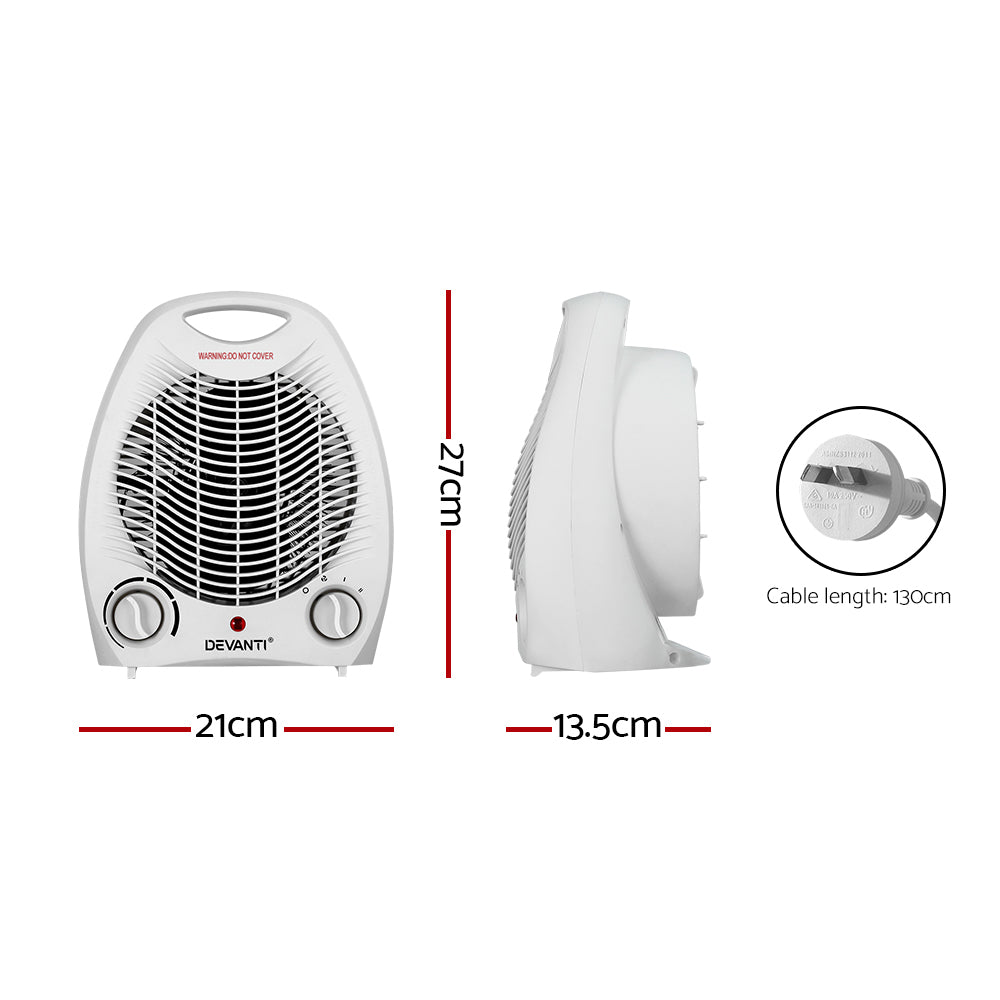Devanti Fan Heater 2000W Electric Wire with Adjustable Thermostat