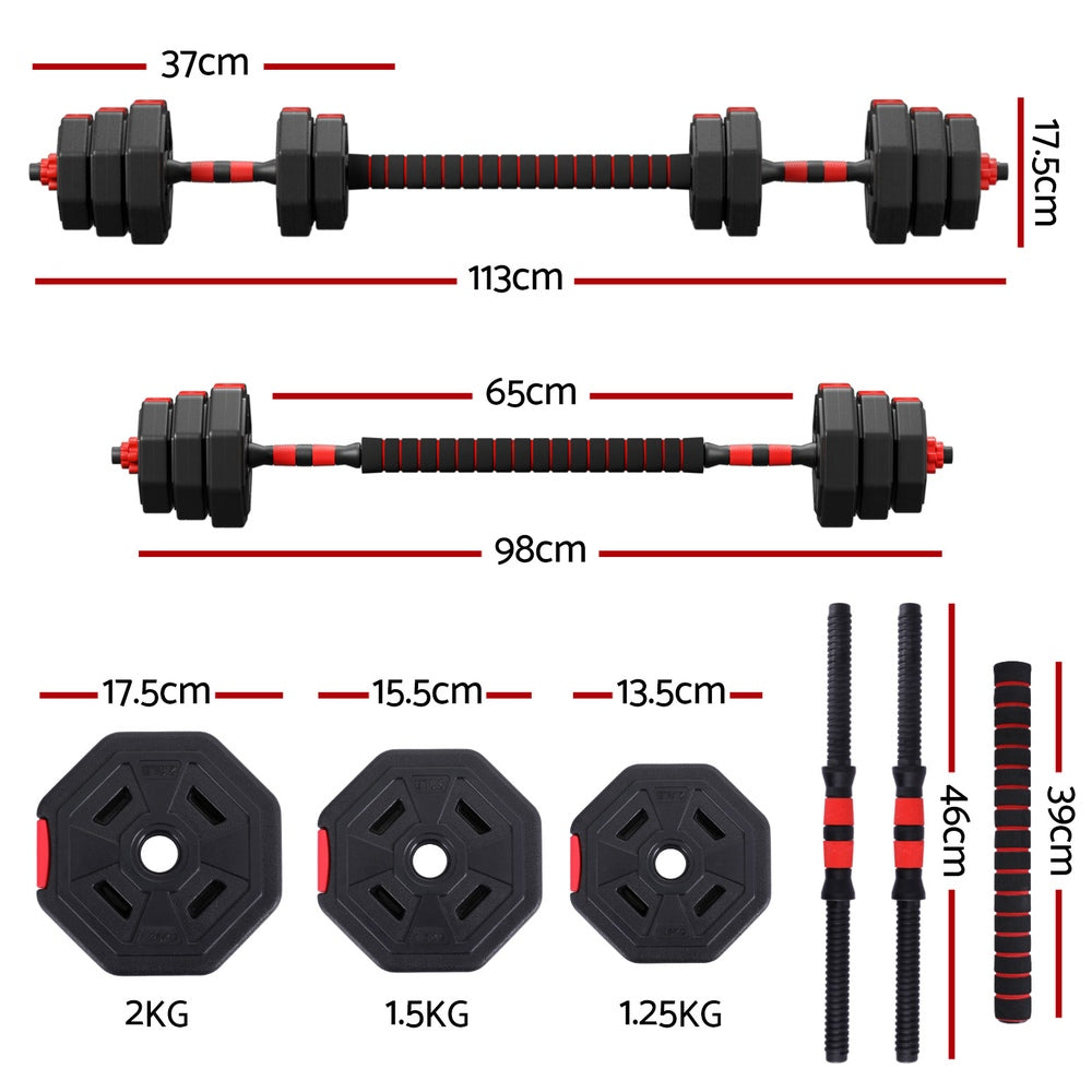 Everfit Adjustable Dumbbell Barbell Set Home Workout 20kg Cast Iron Black Red