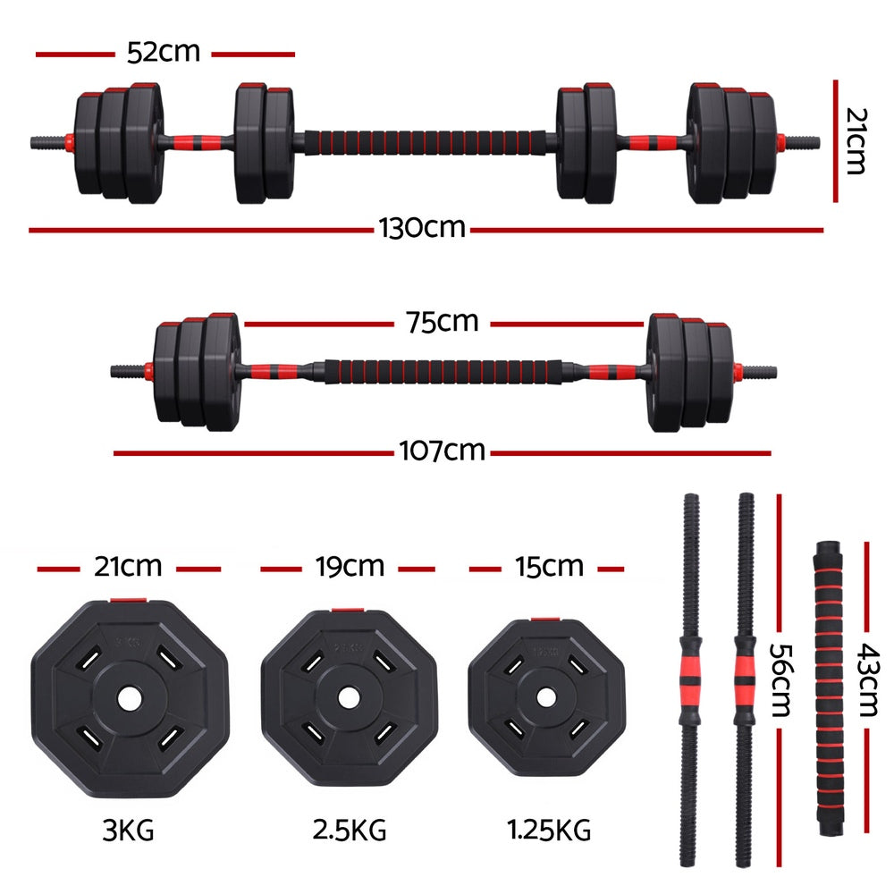Everfit Adjustable Dumbbell Barbell Set 40kg Cast Iron Black Red
