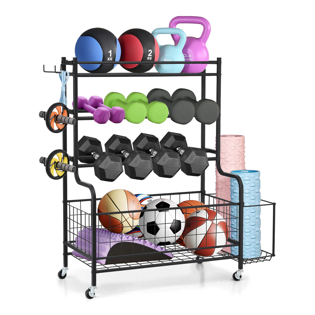 Black 4-tier vertical dumbbell rack on white background with smooth casters visible