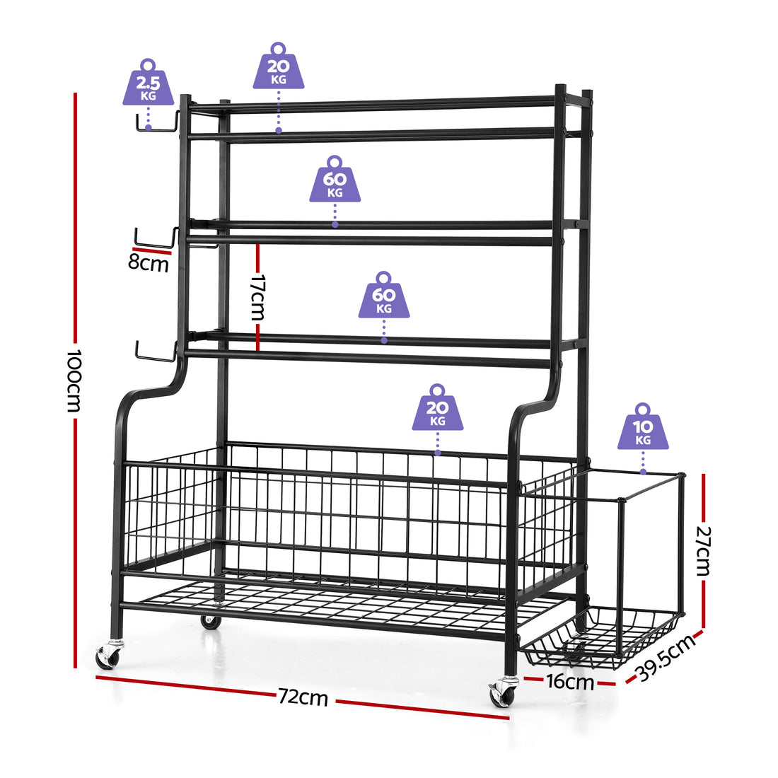 Black 4-tier vertical dumbbell rack on white background with smooth casters visible