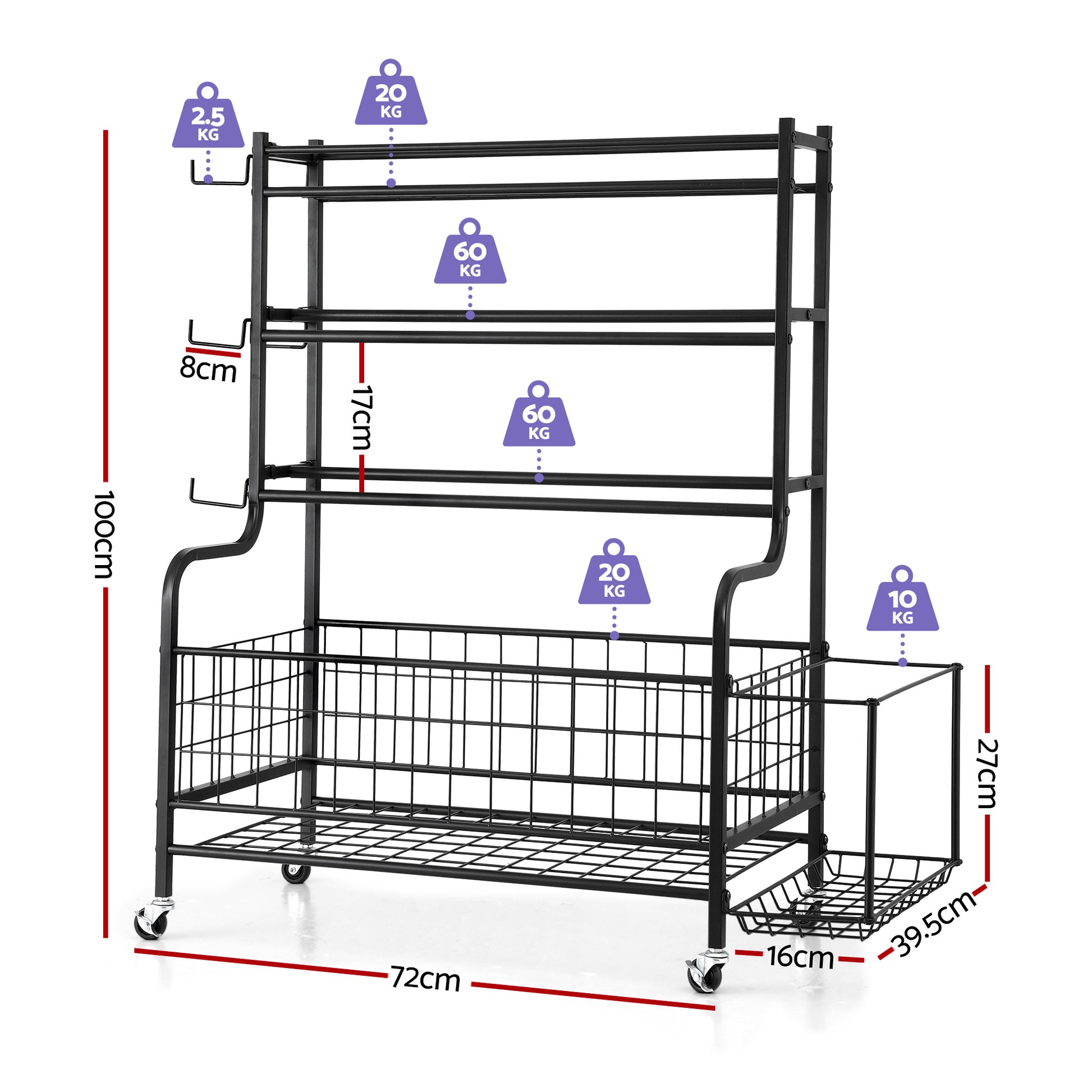 Side view of black iron dumbbell rack showing 4 horizontal storage tiers in garage setting