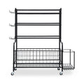 Front view of 4-tier dumbbell storage rack with lockable caster wheels at base
