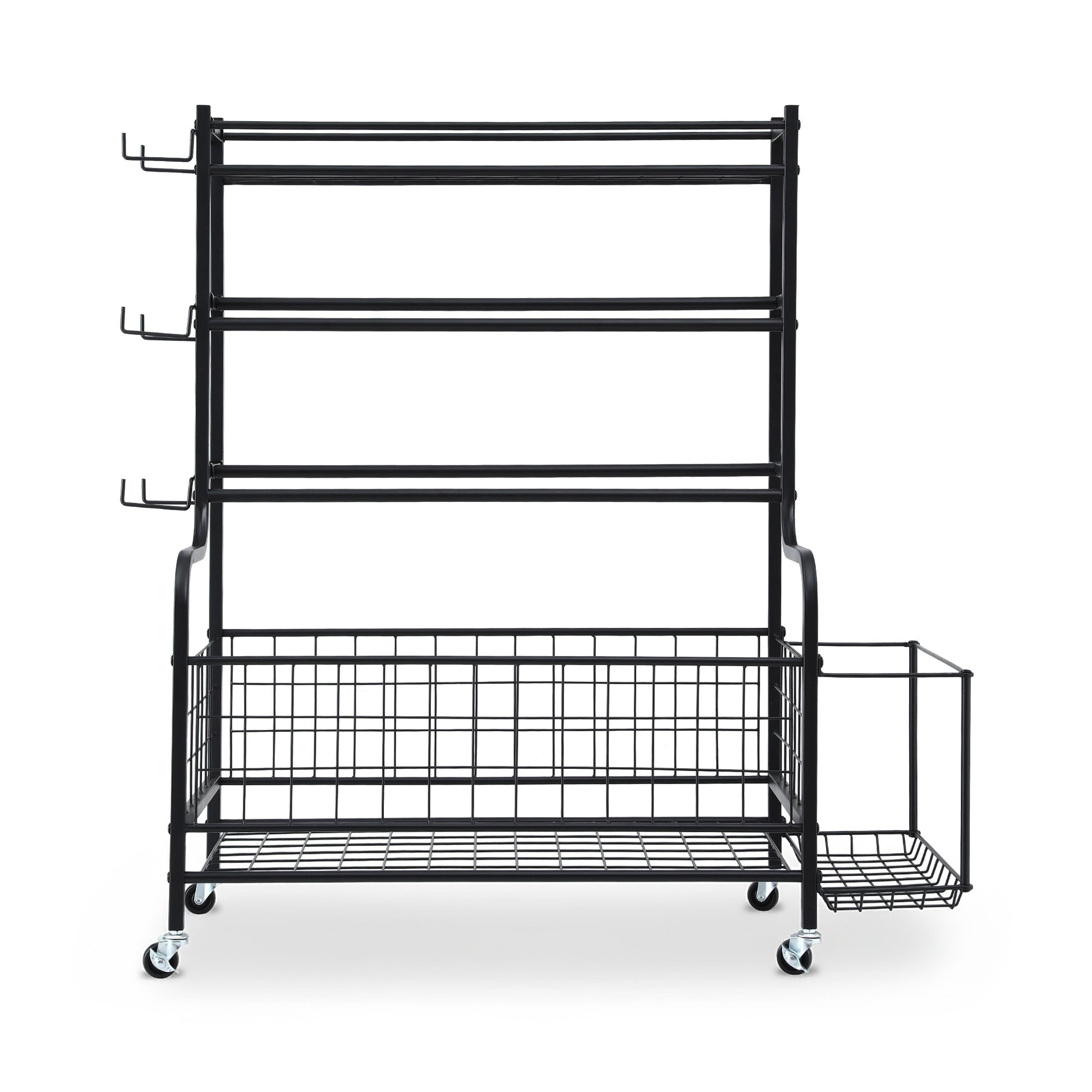 Front view of 4-tier dumbbell storage rack with lockable caster wheels at base