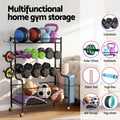 Close-up detail of scratch-resistant black iron frame with 4 storage tiers for dumbbells