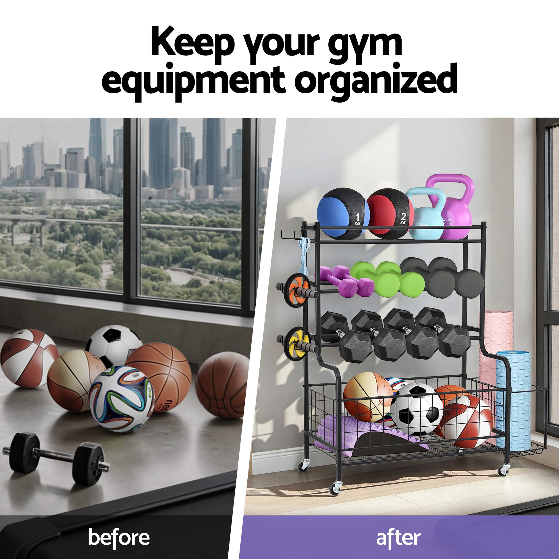 Before and after of how Dumbbell rack organises tour dumbbell
