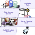 Lifestyle shot of dumbbell rack in home garage gym with dumbbells stored on all tiers