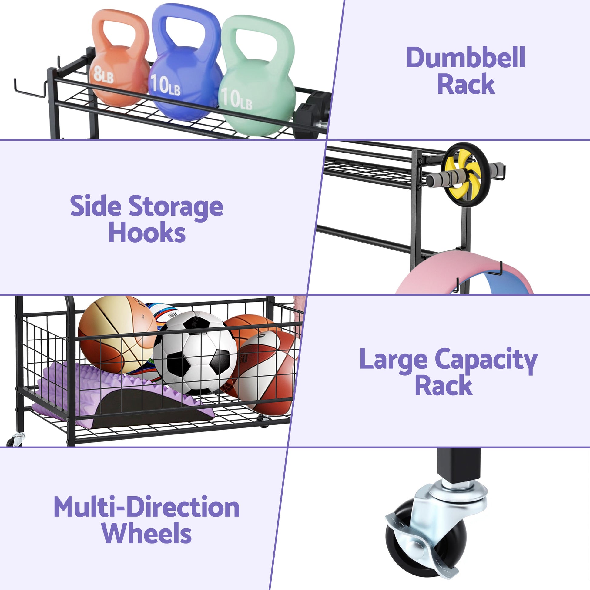 Lifestyle shot of dumbbell rack in home garage gym with dumbbells stored on all tiers