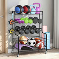 Close-up of lockable caster wheel detail on bottom of black vertical dumbbell storage rack