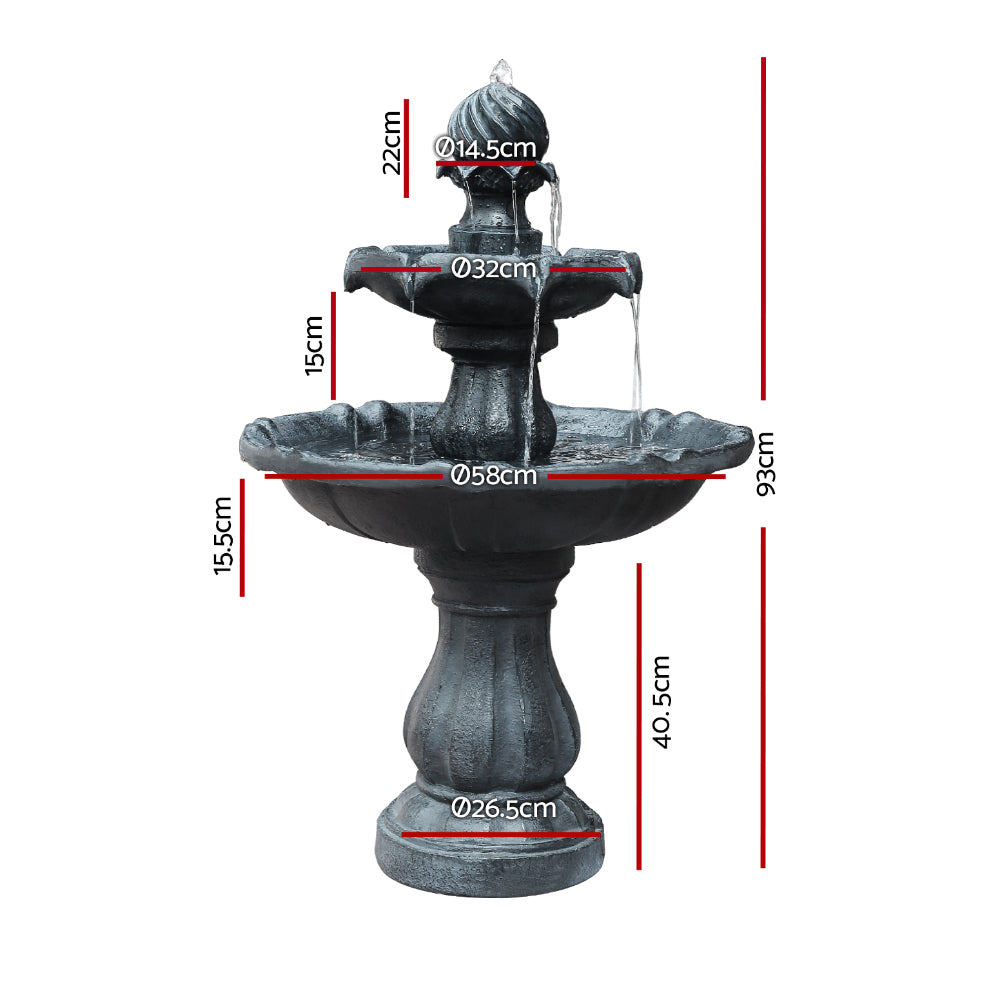 Gardeon 3-Tier Solar Fountain Water Feature Bird Bath 93CM Black