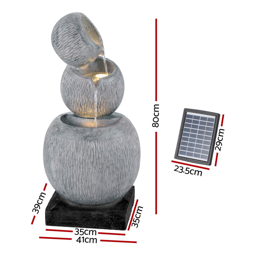 Gardeon Solar Fountain Water Feature Bird Bath LED Lights 80cm Grey