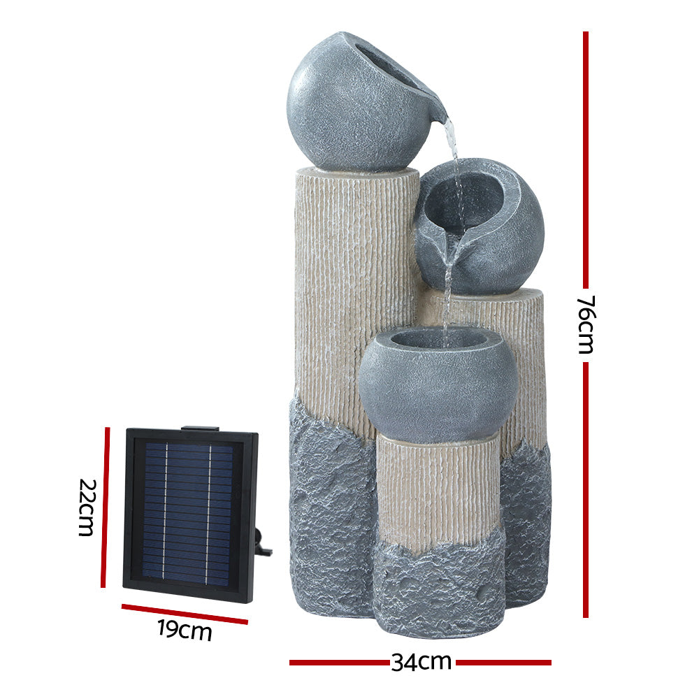Gardeon Solar Cascading Fountain with LED Lights 3-Tier 76CM Grey