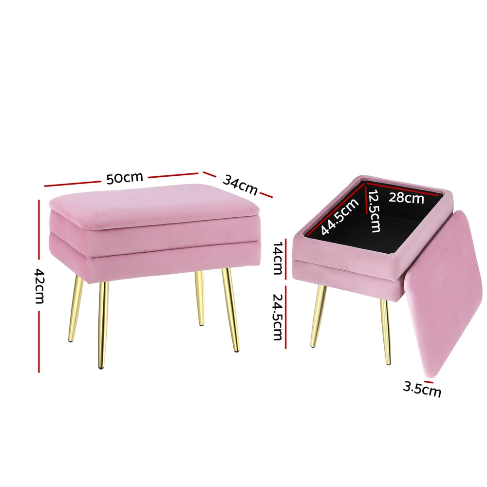 Artiss Velvet Footstool Storage Ottoman with Gold Metal Legs Pink