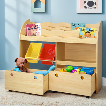 Keezi 3-Tier Kids Bookshelf with Bins and Drawers Natural
