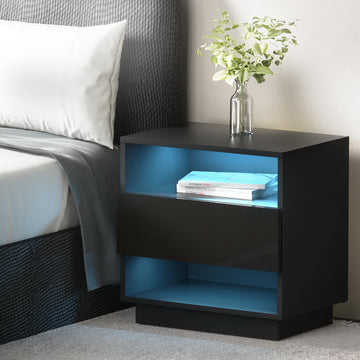 Artiss LED Bedside Table with 2 Shelves and Drawer Black