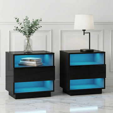 Artiss LED Bedside Table HANA Black 16 Colours Drawer Shelves