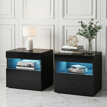 Artiss LED Bedside Table HERES Black 16 Colours Drawer Open Shelf