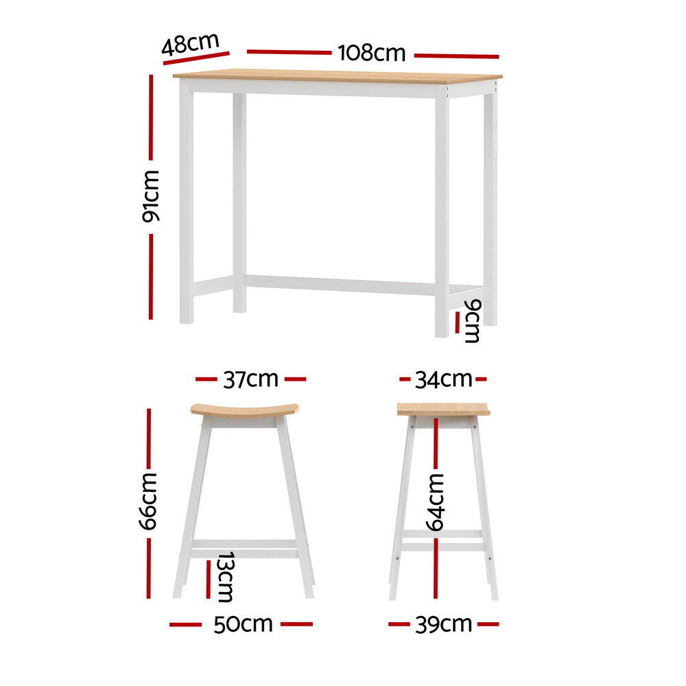 Artiss Bar Table and 2 Bar Stools Set Pine White
