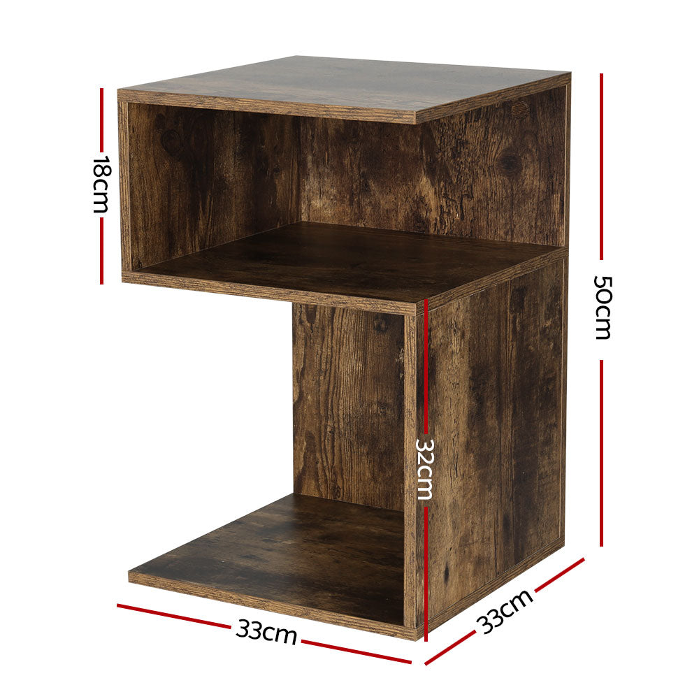 Artiss S-Shaped Bedside Table Nightstand with 2 Shelves Rustic Oak
