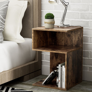 Artiss S-Shaped Bedside Table Nightstand with 2 Shelves Rustic Oak