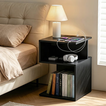 Artiss Bedside Table S-Shaped with USB Charging Black