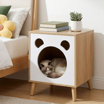 Artiss Cat Nest Bedside Table with Cat House Pine White