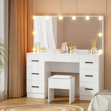 Artiss Hollywood LED Mirror Vanity Table with 7 Drawers White