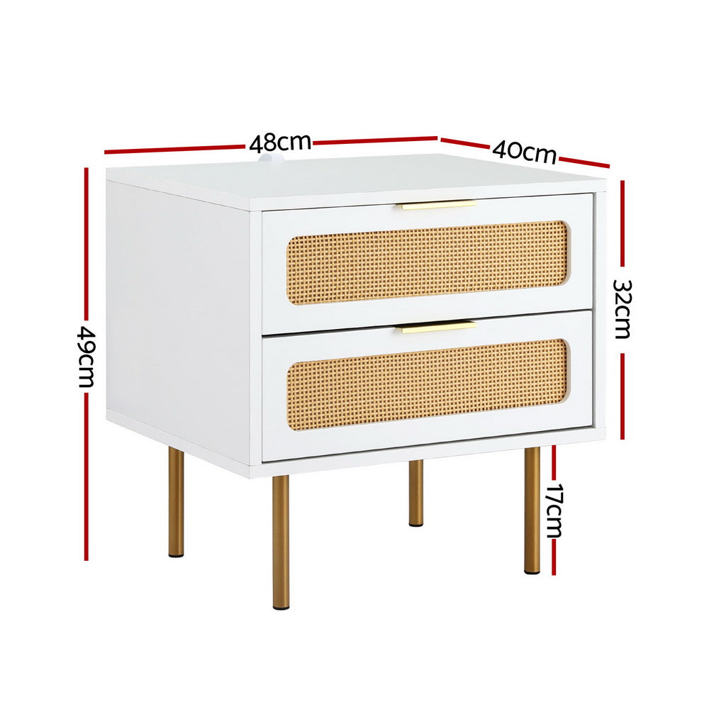 Artiss Rattan Bedside Table 2 Drawers White and Pine