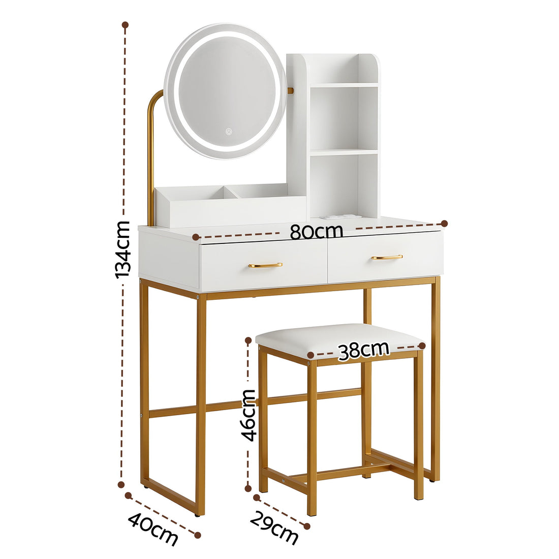 Artiss Dressing Table Vanity Set LED Mirror and Stool White Gold